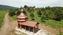 "Mshanets Huts" and the Chapel of St. Nicholas. Aerial view. Village Mshanets, Sambir district, Lviv region.