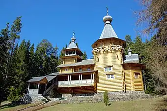 The rebuilt Saint Prophet Elias Skete on Lembos Island, ca. 10&nbsp;km to the east of the main monastery