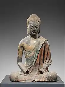 Sculpture probably of Amitābha; early 7th century; hollow dry lacquer with traces of gilt and polychrome pigment and gilding; height: 96.5&nbsp;cm, width: 68.6&nbsp;cm, depth: 57.1&nbsp;cm; Metropolitan Museum of Art