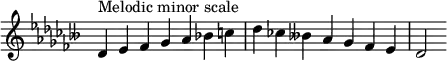  {
\override Score.TimeSignature #'stencil = ##f
\relative c' {
  \accidentalStyle modern \clef treble \key des \minor \time 7/4 des4^\markup { Melodic minor scale } es fes ges aes bes c des ces! beses! aes ges fes es des2
} }
