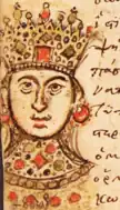 Portrait of Theodora Porphyrogenita (r. 1042–1056), depicting her as richly attired, but with few characteristic features, similar to how she is depicted in her coinage.