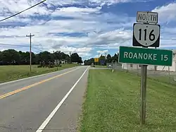 View north along Virginia State Route 116 (Jubal Early Highway) between Saddlewood Drive (Virginia State Secondary Route 1000) and Four Corners Court in Burnt Chimney