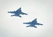 Two F/A-18E/F Super Hornets of VFC-12 perform a flyover at an airshow in Baltimore, 2022
