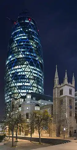 Image 630 St Mary Axe, London, widely known by the nickname "The Gherkin", and occasionally as a variant on The Swiss Re Tower, after its previous owner and principal occupier. Swiss Re is the world’s second-largest reinsurance company.