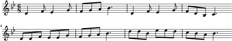 \new Staff <<
\clef treble \key bes \major {
\time 6/8 \partial 2.
\relative d' {
d4 f8 es4 g8 | f8 g a bes4. | d,4 f8 es4 g8 | f8 d bes c4. \bar"" \break
d8 d f es es g | f8 g a bes4. | d8 d bes es es d | c8 bes a bes4. \bar"" \break
}
}
%\new Lyrics \lyricmode {
%}
>>
\layout { indent = #0 }
\midi { \tempo 4. = 56 }