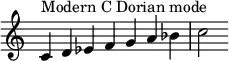{
\override Score.TimeSignature #'stencil = ##f
\relative c' {
\clef treble \time 7/4
c4^\markup { Modern C Dorian mode } d es f g a bes c2
} }