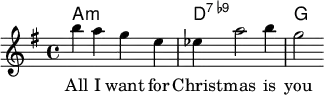 <<
\new ChordNames {
<a' c'' e''>1 <d' fis' a' c'' es''>1 <g' b' d''>2
}
\new Staff {
\relative c''' {
\key g \major
\time 4/4
\tempo 4 = 150
\set Score.tempoHideNote = ##t
b4 a4 g4 e4 | es4 a2 b4 | g2
}
\addlyrics {
All I want for Christ -- mas is you
}
}
>>