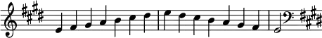 {
\override Score.TimeSignature #'stencil = ##f
\relative c' {
\clef treble \key e \major \time 7/4 e4 fis gis a b cis dis e dis cis b a gis fis e2
\clef bass \key e \major
} }