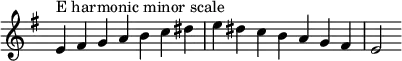 {
\override Score.TimeSignature #'stencil = ##f
\relative c' {
\clef treble \key e \minor \time 7/4
e4^\markup "E harmonic minor scale" fis g a b c dis e dis c b a g fis e2
} }