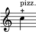 {
\override Score.TimeSignature #'stencil = ##f
\relative c'' {
c4-+^\markup "pizz."
} }