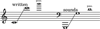 {
\new Staff \with { \remove "Time_signature_engraver" }
\clef treble \key c \major \cadenzaOn
c'1 ^ \markup "written" \glissando c'''1
\tweak font-size #-2 g'''1 \finger \markup \text "poss."
\hide r1
\clef bass
g,,1 ^ \markup "sounds" \glissando g1
\tweak font-size #-2 d'1 \finger \markup \text "poss."
}