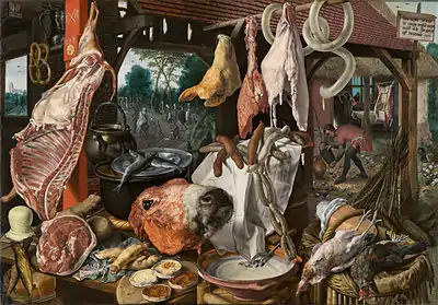 Pieter Aertsen, A Meat Stall with the Holy Family Giving Alms (1551), 123.3 × 150&nbsp;cm (48.5 × 59")