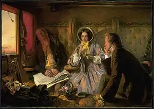 Painting shows a first class railway carriage.  A young man and young woman talk as an older man sleeps.
