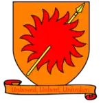 A coat of arms showing a yellow spear piercing a red sun on a field of orange