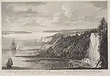 An early 1760s engraving of Montmorency Falls by William Elliott from a drawing made by Captain Hervey Smythe, Major General James Wolfe's aide-de-camp, on July 31, 1759, from the British Army's encampment, two months before the Battle of Quebec.