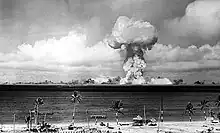 The airburst nuclear explosion of July 1, 1946. Photo taken from a tower on Bikini Island, 3.5 miles (5.6 km) away.
