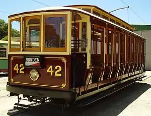 Type&nbsp;B ("toastrack") tram no.&nbsp;42, also configured as it was in the inaugural electric fleet of 1909