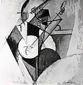 Albert Gleizes, 1915, Composition, For "Jazz", Pour "Jazz", oil on board, 73 x 73&nbsp;cm. In a photograph first published in the Xeic York Herald, later reprinted in The Literary Digest, 27 October 1915, Gleizes can be seen at work on this painting