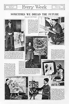 Albert Gleizes (with Chal Post, 1915); Marcel Duchamp (with his brother Jacques Villon's Portrait de M. J. B. peintre (Jacques Bon) 1914); Jean Crotti; Hugo Robus; Stanton Macdonald-Wright; and Frances Simpson Stevens (center), Sometimes we dread the future, Every Week, Vol. 4, No. 14, April 2, 1917, p.&nbsp;14