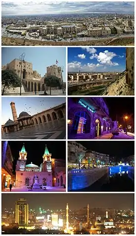 Ancient City of AleppoAleppo Citadel&nbsp;• The entrance to al-Madina SouqGreat Mosque of Aleppo&nbsp;• Baron HotelSaint Elijah Cathedral&nbsp;• Queiq RiverPanorama of Aleppo at night