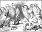An illustration by John Tenniel depicting Alice with some creatures from Wonderland.