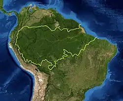 Image 42A map of the Amazon rainforest ecoregions. The yellow line encloses the ecoregions per the World Wide Fund for Nature. (from Ecoregion)