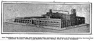PIctorial drawing of proposed building. Two long wings run along Garrison Ave and Lafayette Ave, on opposite sides of the plant. The Lafayette side has two tall towers. The Garrison side has what appears to be a large entrance in the center. The on-image caption reads "New Buildings to be Erected by American Bank Note Company in the Bronx on Block Bounded by Garrison and Lafayette Avenues, Tiffany and Barretto Streets –Kriby, Petit & Green, Architects"