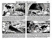 A typical page in a Black Bob story; four drawings by Jack Prout, with a paragraph of text below each one