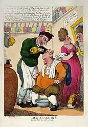 "Macassar oil", from Iconographic Collections c.&nbsp;1814, lampooning the false claim in some advertisements that Macassar oil would stimulate hair growth on balding men