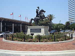 Statue of President Andrew Jackson in front of the marketplace