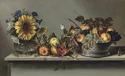 Flower vase and fruit bowl.Still Life with Flowers in a Vase and a Fruit Bowl on a Ledge by Antonio Ponce; 1640–60, 62 × 100&nbsp;cm, private collection.