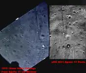 Comparison of the Apollo 17 landing site between the original 16&nbsp;mm footage shot from the LM window during ascent in 1972, and the 2011 lunar reconnaissance orbiter image of the Apollo 17 landing site. From the EEVdiscover video.