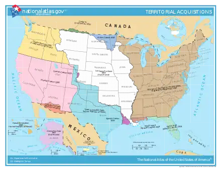 A map of the United States showing its territorial acquisitions over time