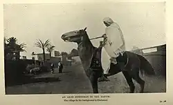 A photo from 1911 for an Arab horseman in Faiyum with Ebshawai in the background.