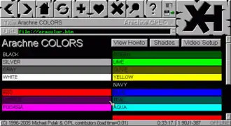Screenshot of the Arachne web browser using the 640&nbsp;×&nbsp;350 graphics mode. The screenshot contains 14 colors.