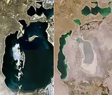 Image 19Aral Sea comparisonPhotographs: NASA; edit: Zafiroblue05A side-by-side comparison of the Aral Sea in 1989 and 2008, showing its severe shrinkage owing to poor water resource management. The Aral Sea was once the fourth-largest lake in the world. However, the rivers that fed it were diverted by Soviet-era irrigation projects. It had shrunk to 10% of its former size by 2007, and is still shrinking. The near-loss of the Aral Sea, which is now in Kazakhstan and Uzbekistan, has been considered one of the planet's most disastrous examples of poor environmental resource management.