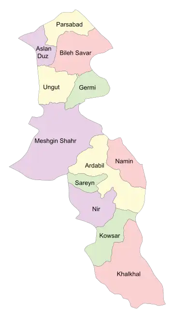 Location of Ardabil County in&nbsp;Ardabil&nbsp;province (center, yellow)