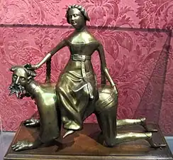 Phyllis riding and slapping Aristotle, Aquamanile, Maasland, c. 1400, brass