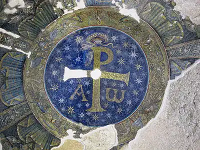 Byzantine mosaic medallion with the Chi Rho on the ceiling of Baptistery of San Giovanni in Fonte, Naples, Italy, unknown architect or craftsman, 362-408