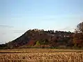 Beeston Castle viewed from the south, built on a rocky summit 110&nbsp;m (360&nbsp;ft) above the Cheshire Plain