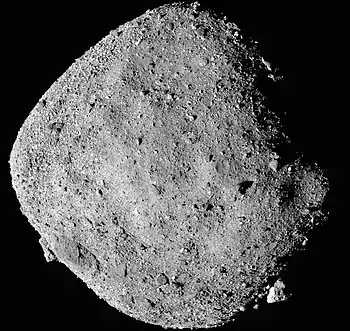 Image 14101955 BennuPhotograph credit: NASA / OSIRIS-REx101955 Bennu is a carbonaceous asteroid discovered by the Lincoln Near-Earth Asteroid Research project in 1999. Bennu has a roughly spheroidal shape, an effective diameter of about 484 m (1,588 ft), and a rough, boulder-strewn surface. It is a potentially hazardous object, with a cumulative 1-in-2,700 chance of impacting Earth between 2175 and 2199. It is named after the Bennu, an ancient Egyptian bird deity associated with the Sun, creation, and rebirth. This mosaic image of Bennu consists of twelve PolyCam images taken by NASA's OSIRIS-REx spacecraft from a range of 24 km (15 mi). The primary goal of the mission is to collect a sample from the asteroid's surface, which is scheduled to take place on October 20, 2020, and return the sample to Earth for analysis.More selected pictures