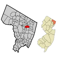 Location of Haworth in Bergen County highlighted in red (left). Inset map: Location of Bergen County in New Jersey highlighted in orange (right).
