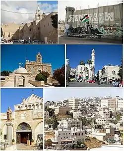 From top, left to right: Church of the Nativity, Graffiti on the Israeli West Bank barrier, Chapel of the Milk Grotto, Mosque of Omar (Bethlehem) in Manger Square, Church of Saint Catherine, Bethlehem and skyline of the city