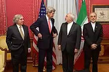 Ernest Moniz, John Kerry, Mohammad Javad Zarif and Ali Akbar Salehi in the "Salon Élysée" of the Beau-Rivage Palace (16 March 2015).