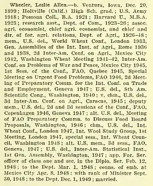 Biographic sketch of Leslie A. Wheeler from the 1950 Biographic Register of the U.S. Department of State, page 539.