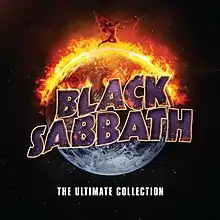A planet with the top ablaze, with the words "BLACK SABBATH", in front of it.