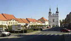 Town square with the Church of Saints Francis Xavier and Ignatius of Loyola