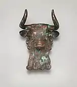 Bull's head ornament from a lyre; 2600–2350 BC; bronze inlaid with shell and lapis lazuli; height: 13.3&nbsp;cm, width: 10.5&nbsp;cm; Metropolitan Museum of Art