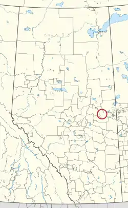 A map of the province of Alberta showing 80 counties and 145 small Indian reserves. One is highlighted with a red circle.