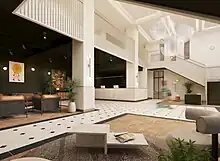 CGI image showing furniture in a naturally lit reception area as part of the work carried out of Sunlight House.